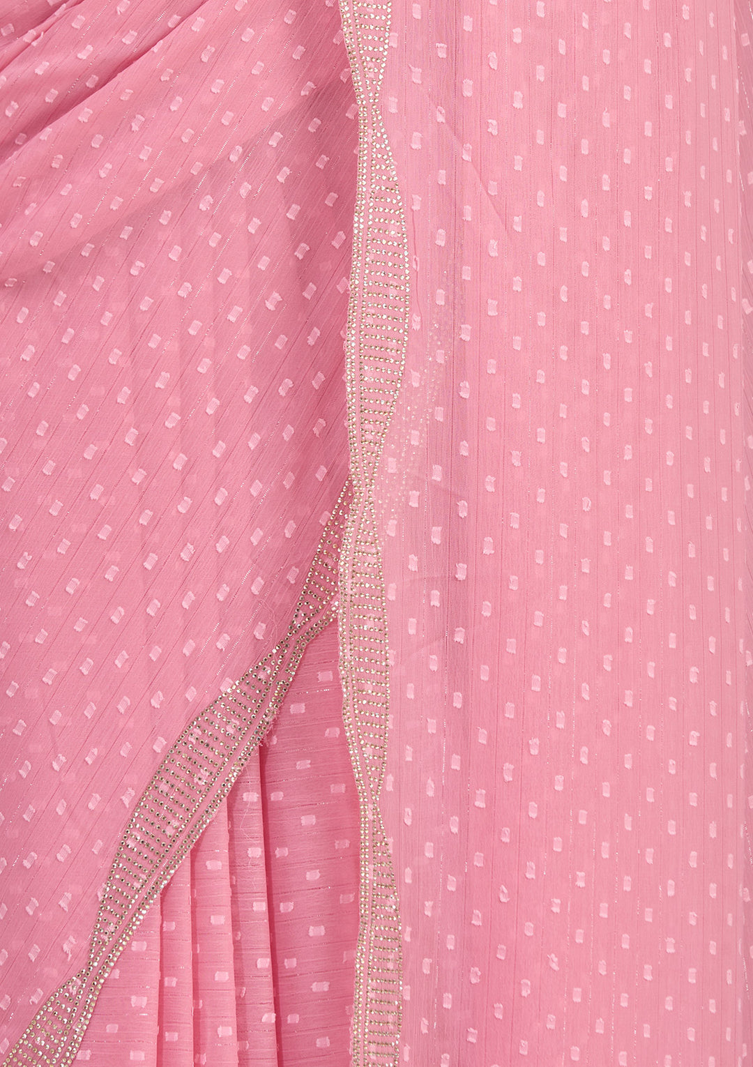 Gajari Pink Stonework (Silver) Chiffon Saree