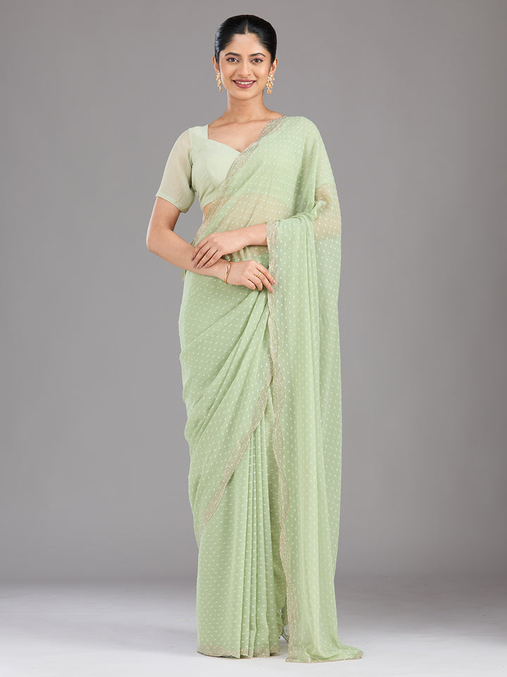 Pista Green Stonework (Silver) Chiffon Saree