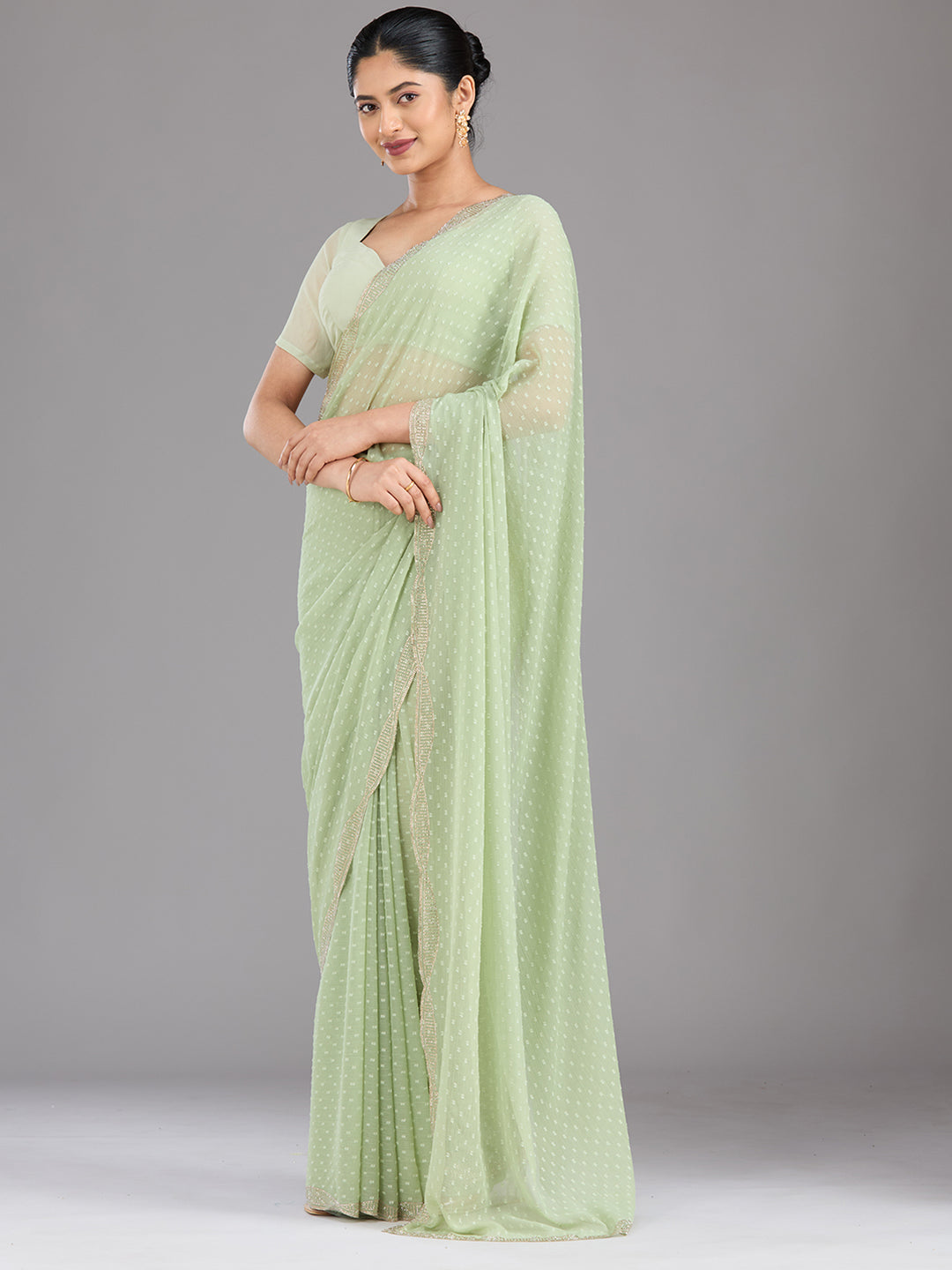 Pista Green Stonework (Silver) Chiffon Saree
