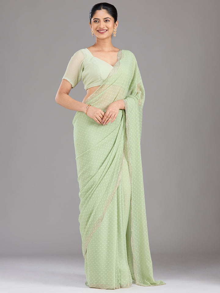 Pista Green Stonework (Silver) Chiffon Saree