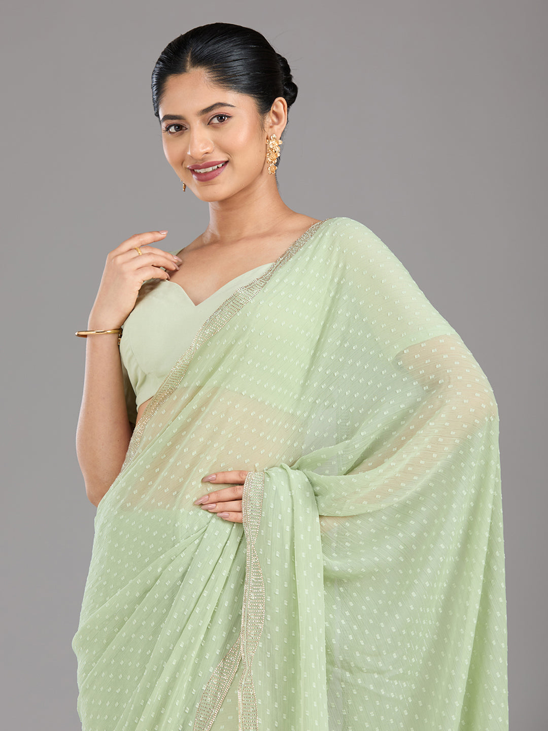 Pista Green Stonework (Silver) Chiffon Saree