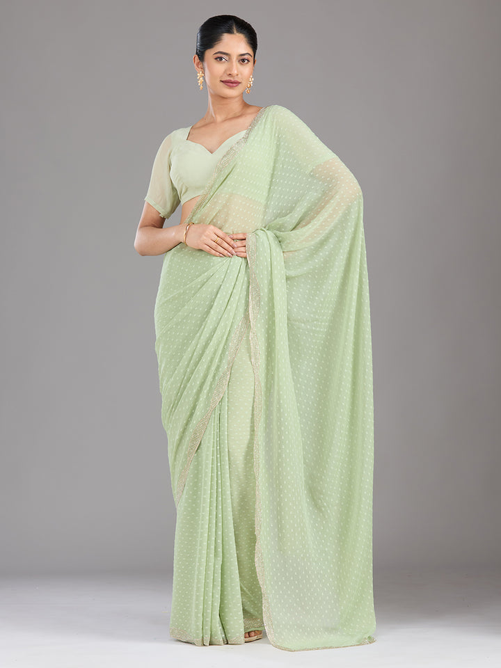 Pista Green Stonework (Silver) Chiffon Saree