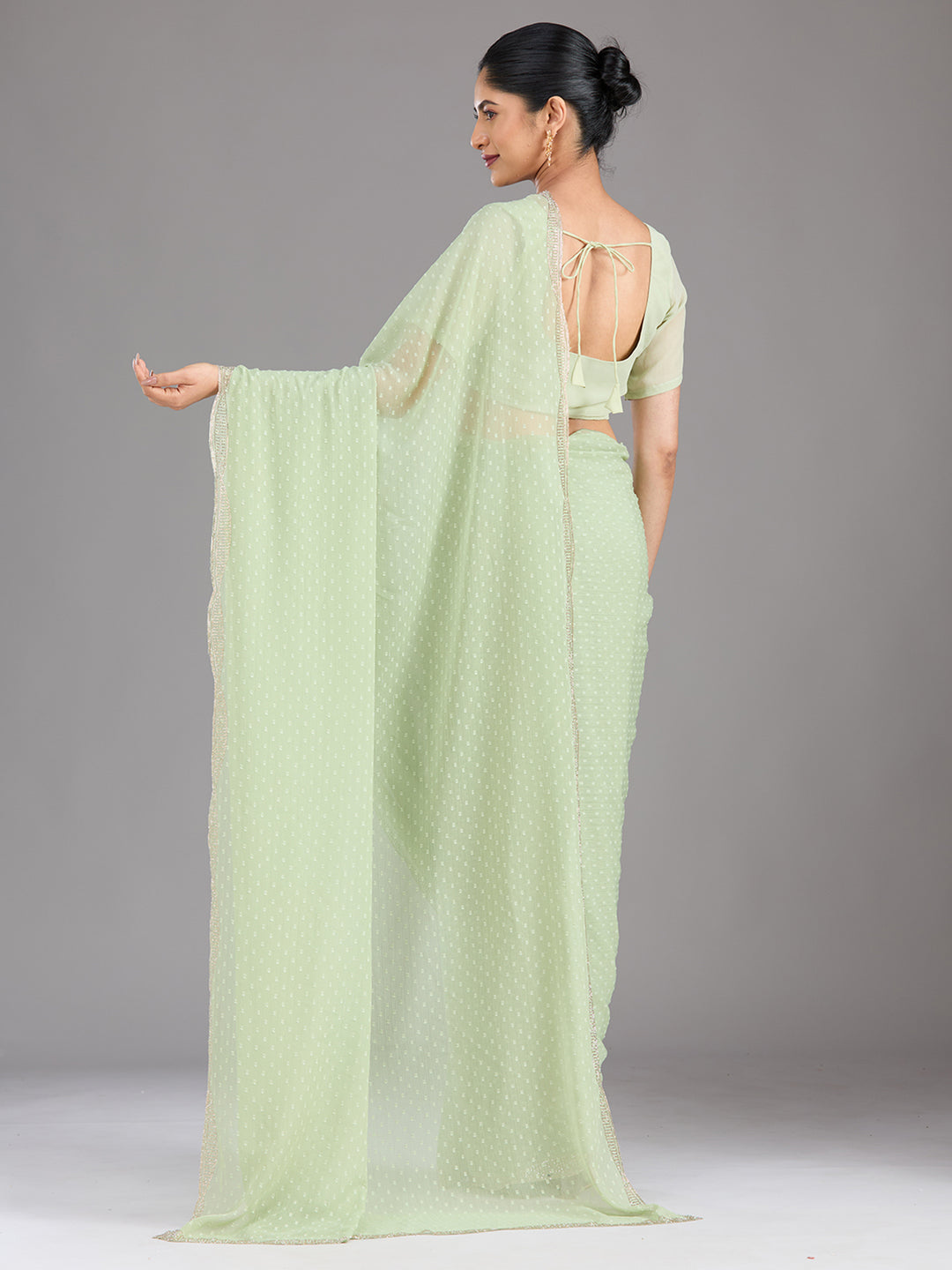 Pista Green Stonework (Silver) Chiffon Saree