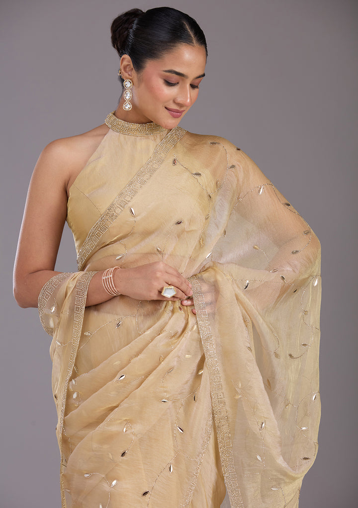 Beige Tissue Gold Stonework Saree With Matching Blouse Piece