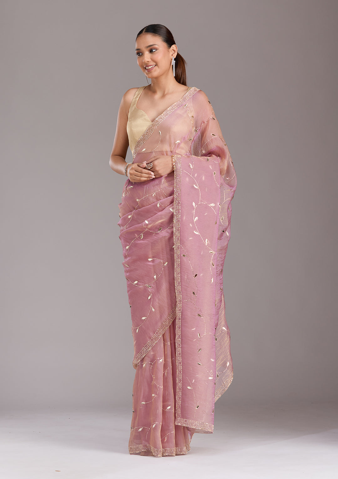 Lavender Tissue Gold Stonework Saree With Matching Blouse Piece