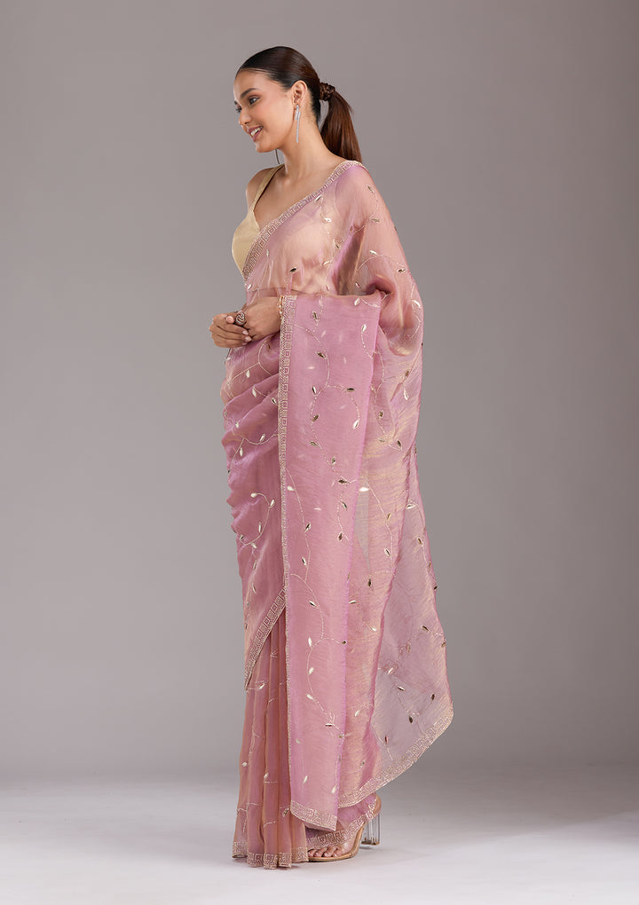 Lavender Tissue Gold Stonework Saree With Matching Blouse Piece