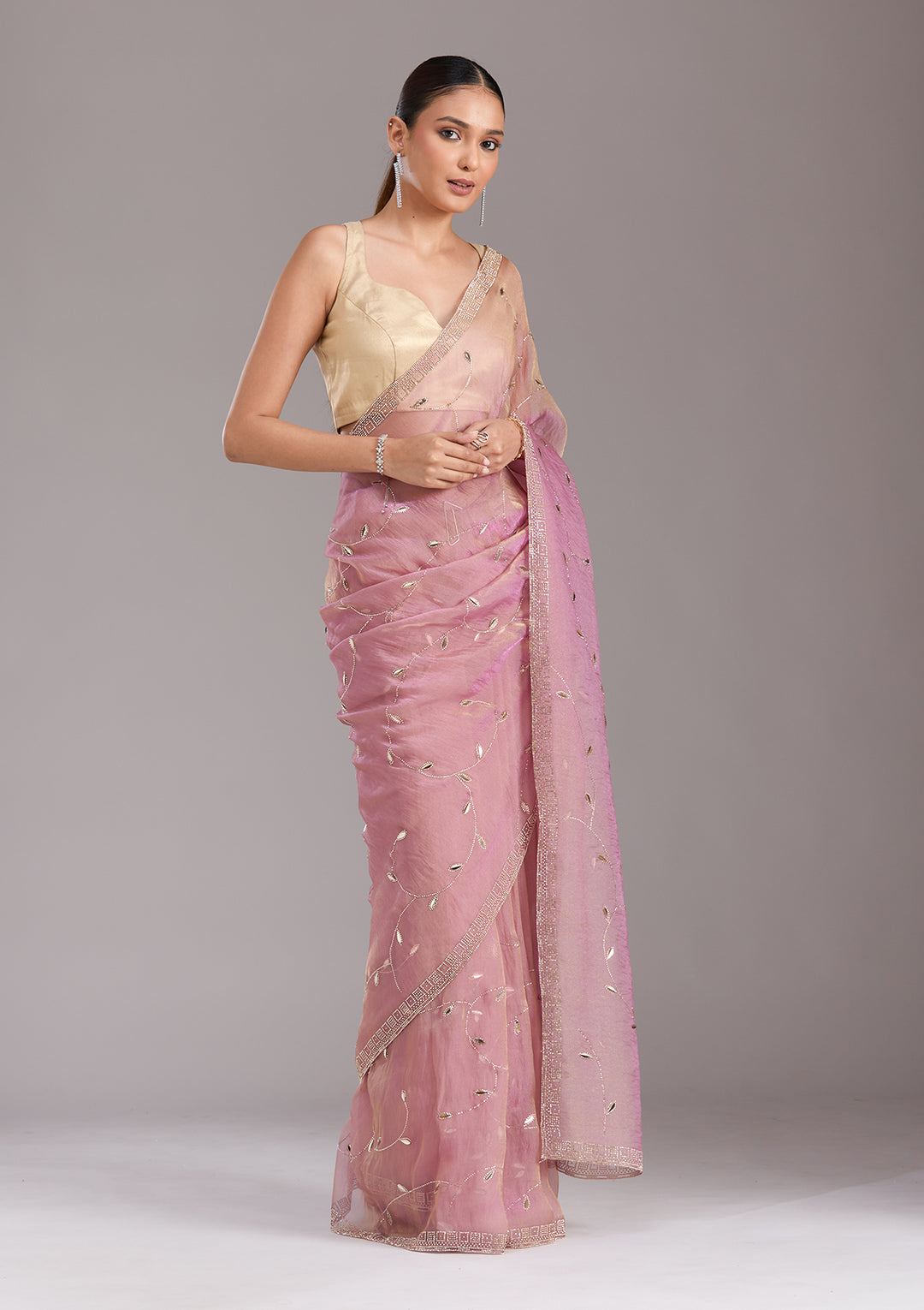 Lavender Tissue Gold Stonework Saree With Matching Blouse Piece
