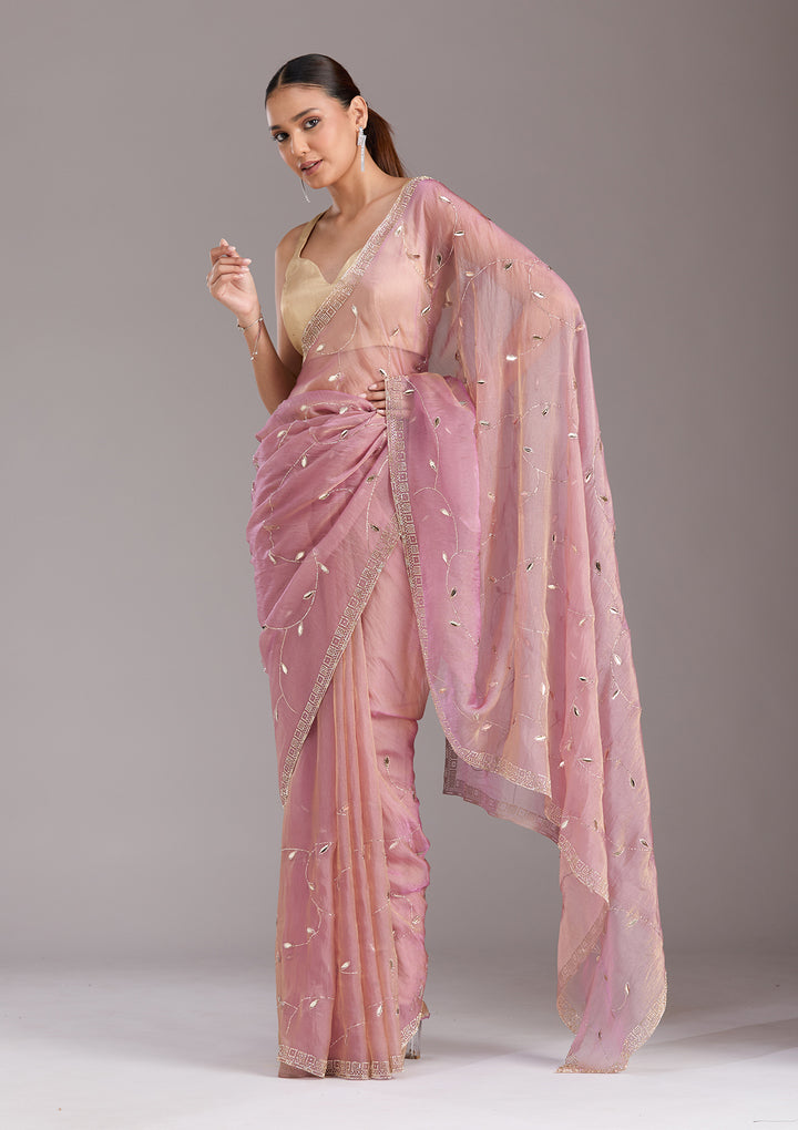 Lavender Tissue Gold Stonework Saree With Matching Blouse Piece