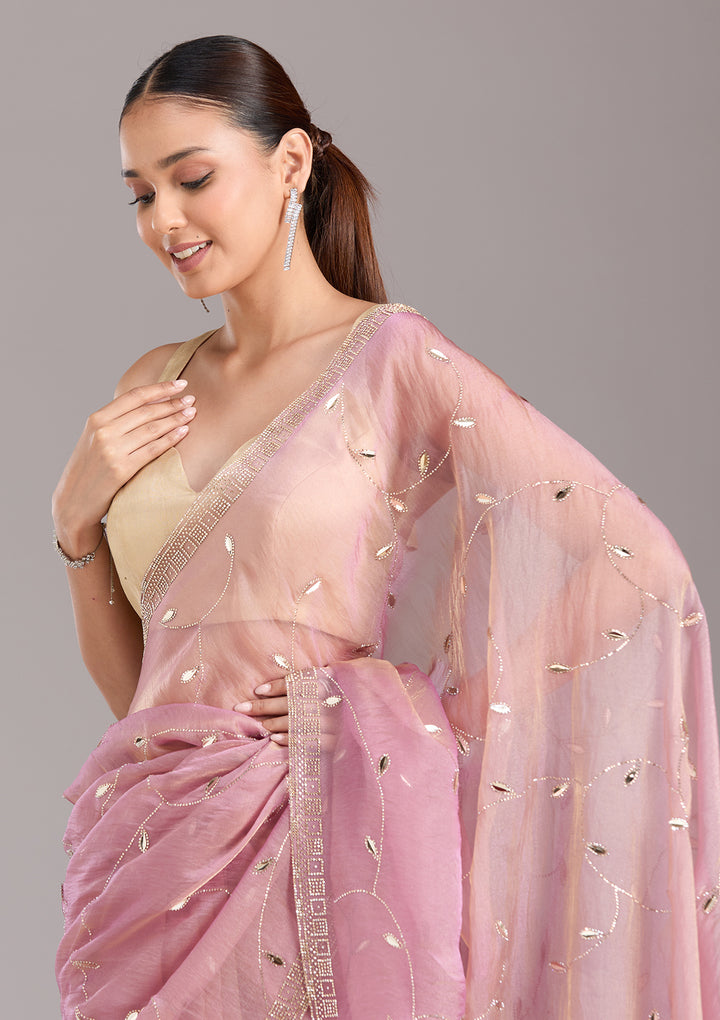 Lavender Tissue Gold Stonework Saree With Matching Blouse Piece