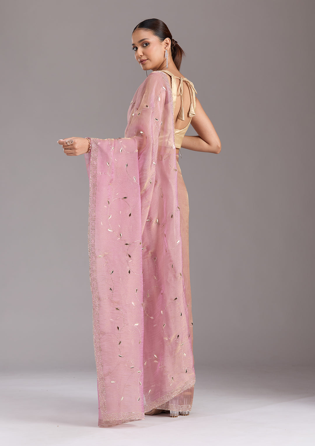 Lavender Tissue Gold Stonework Saree With Matching Blouse Piece