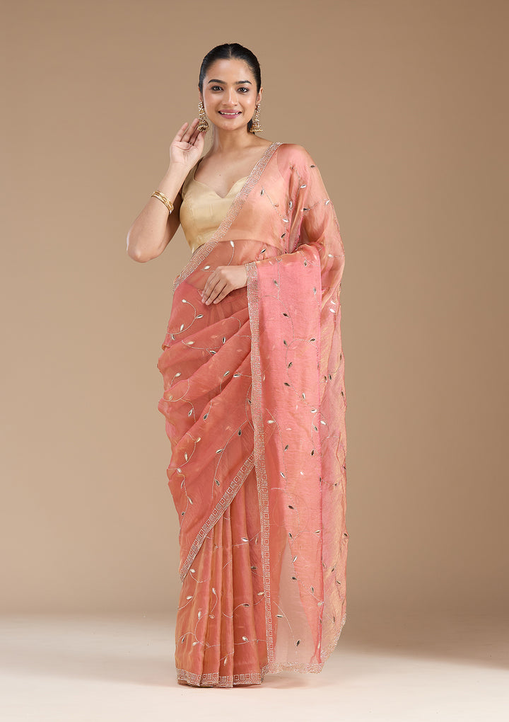 Rust Tissue Gold Stonework Saree With Matching Blouse Piece