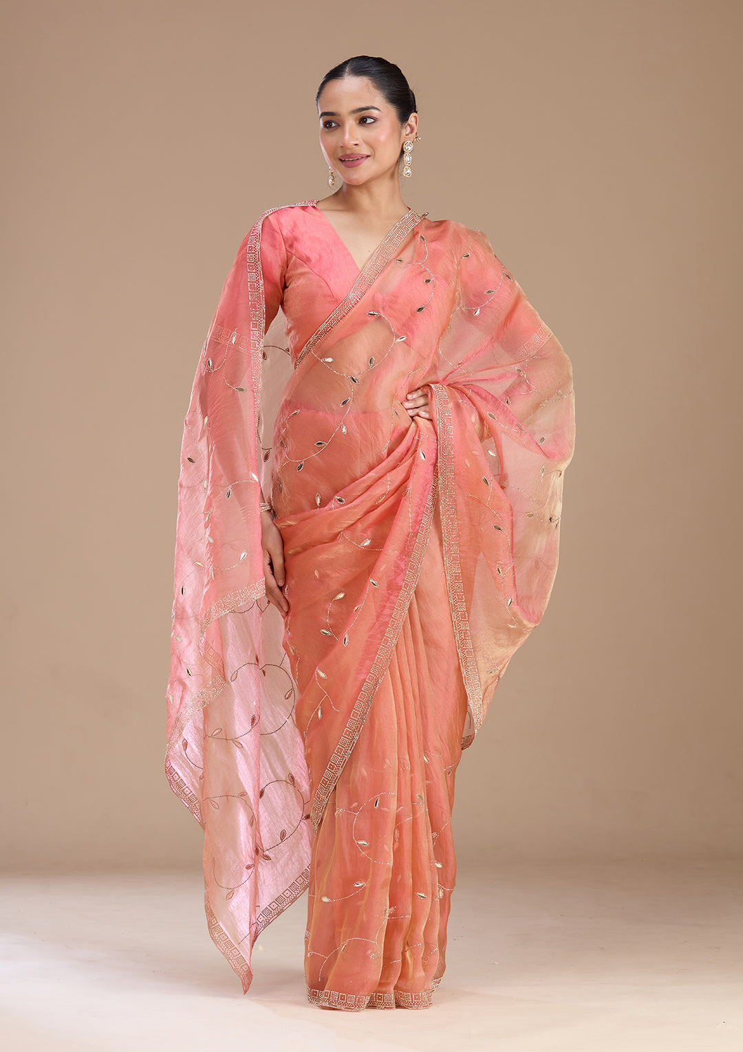 Rust Tissue Gold Stonework Saree With Matching Blouse Piece