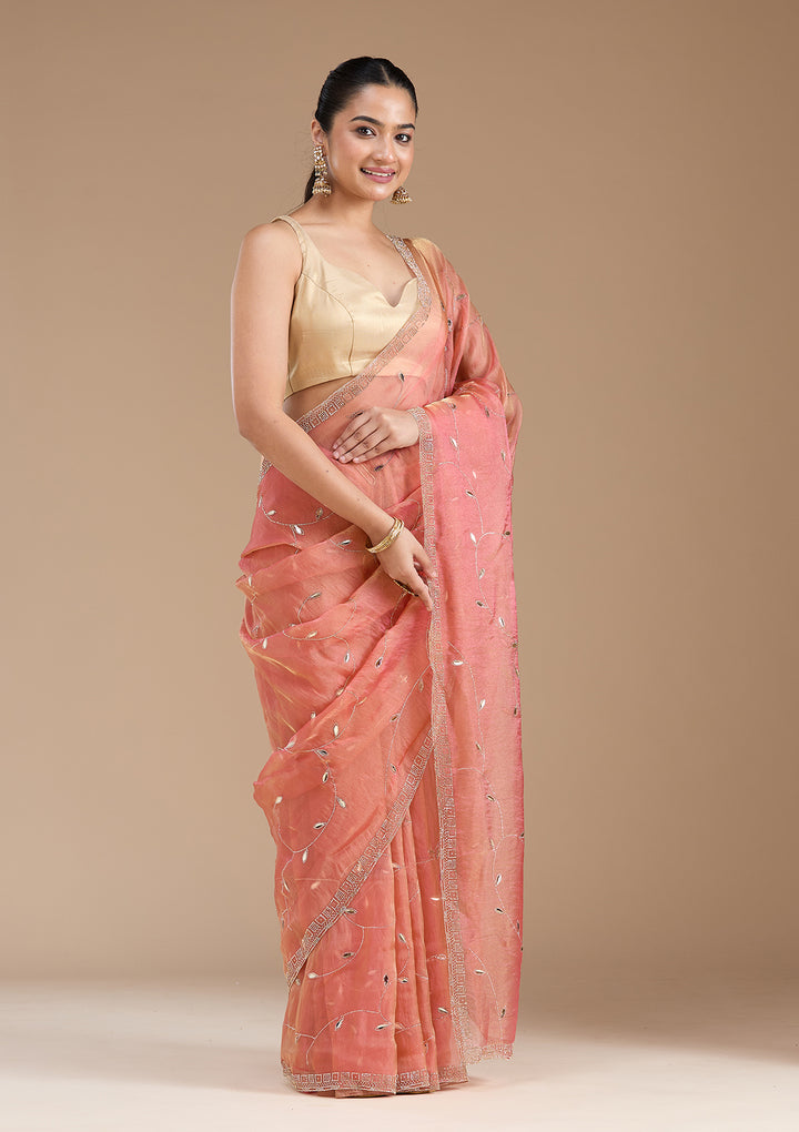 Rust Tissue Gold Stonework Saree With Matching Blouse Piece