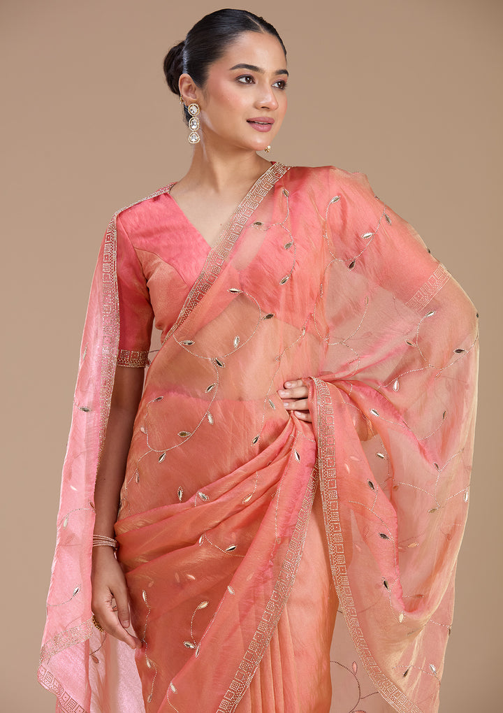 Rust Tissue Gold Stonework Saree With Matching Blouse Piece