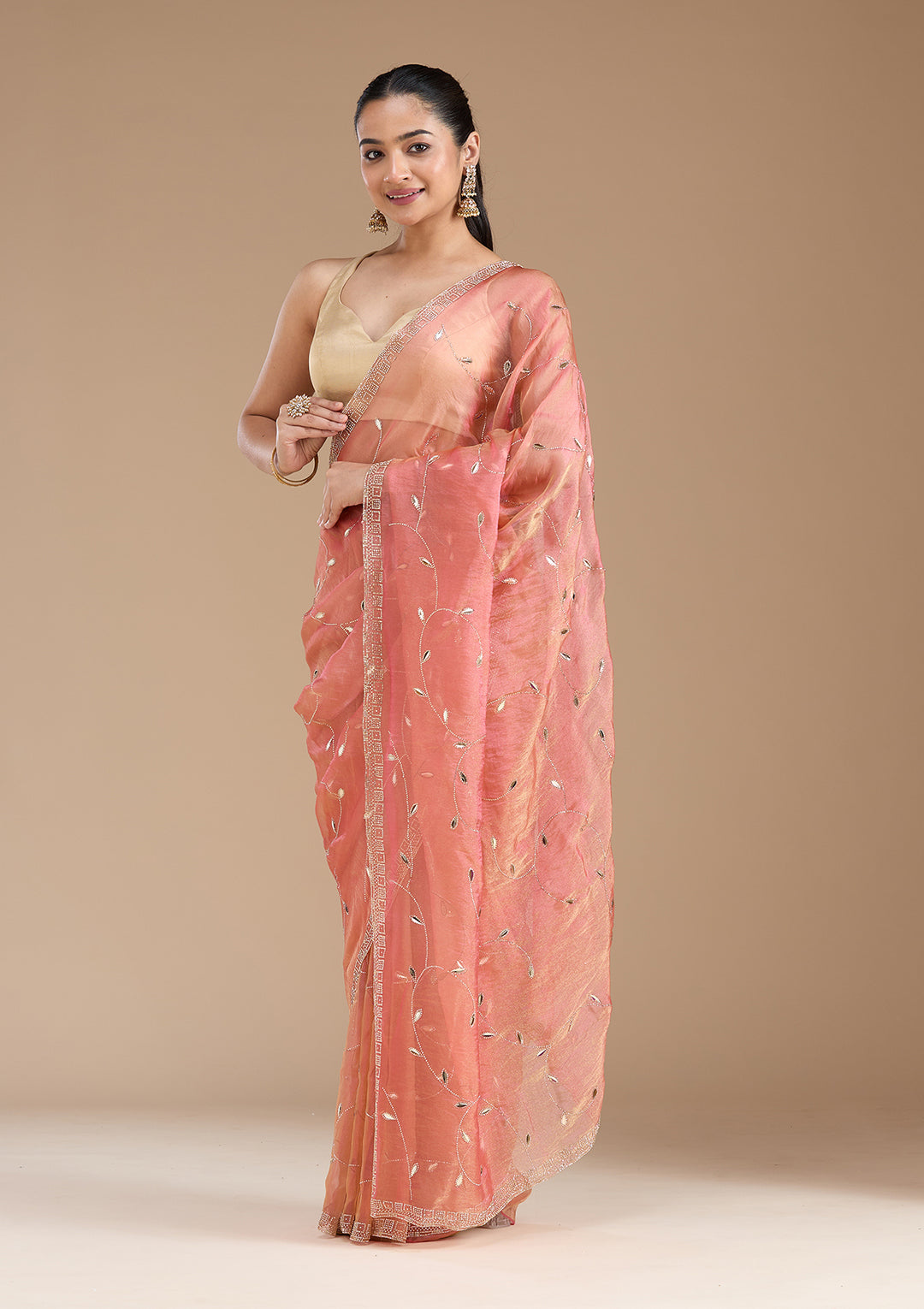Rust Tissue Gold Stonework Saree With Matching Blouse Piece