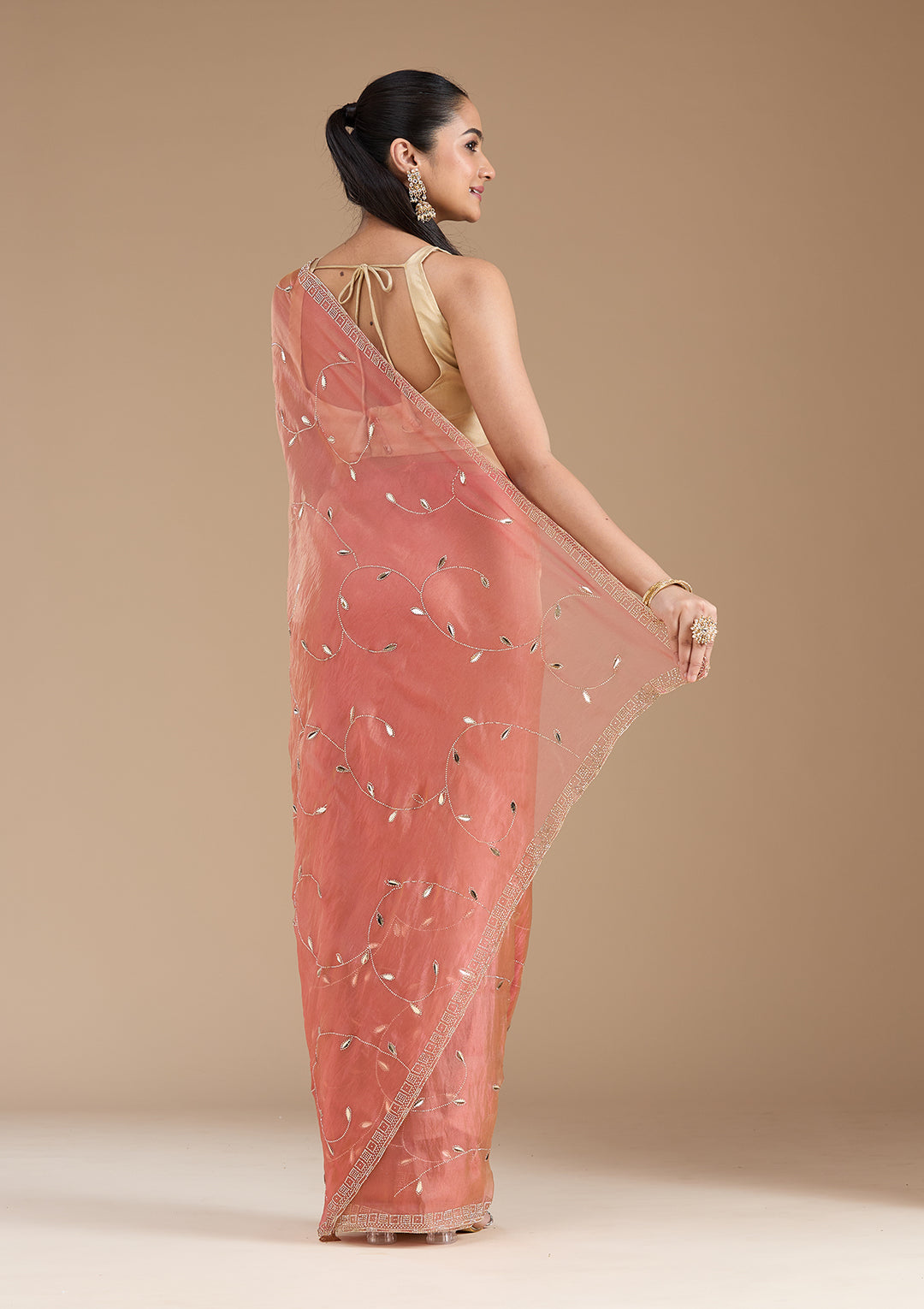 Rust Tissue Gold Stonework Saree With Matching Blouse Piece