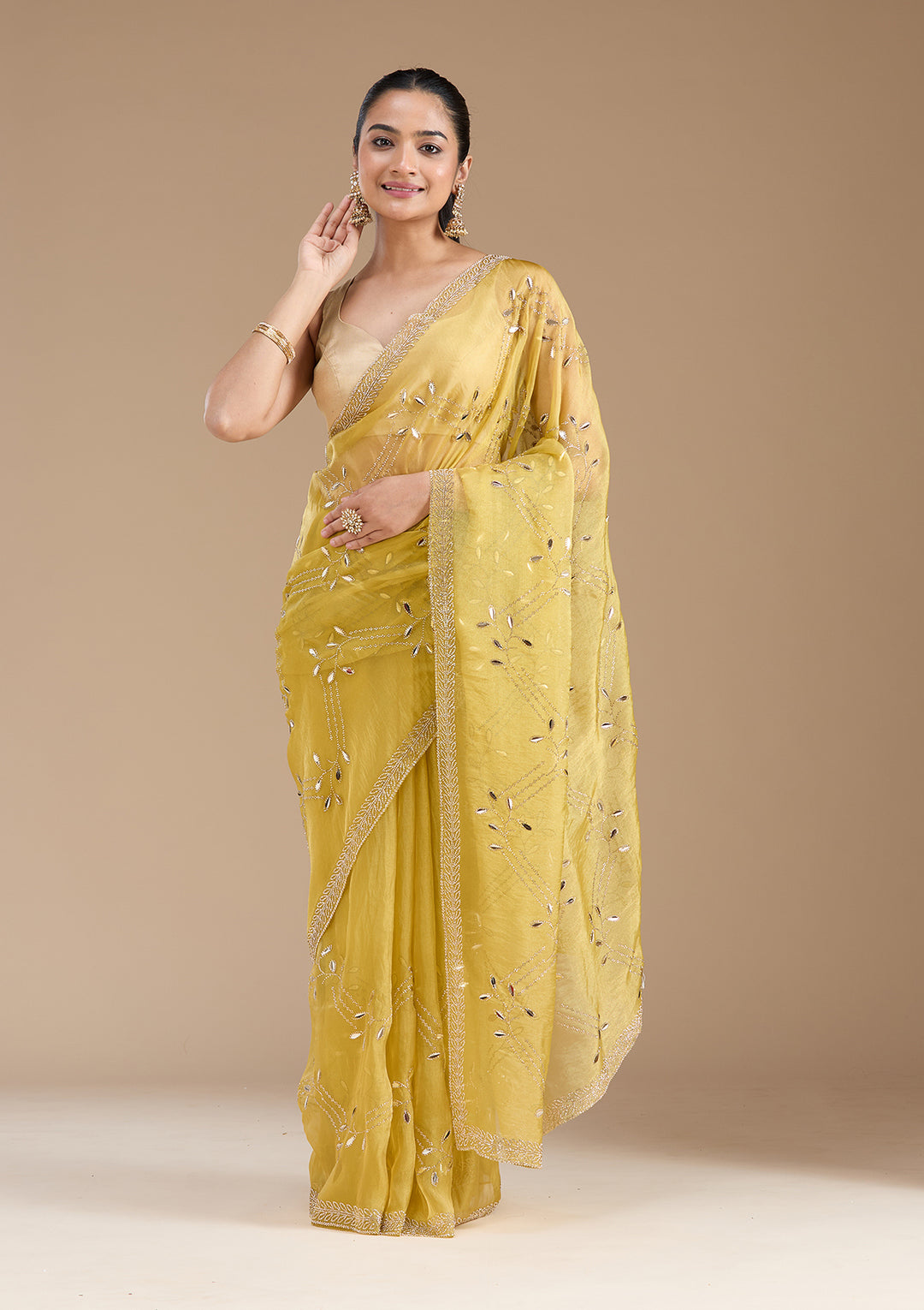 Lemon Yellow Stonework (Gold) Tissue Saree
