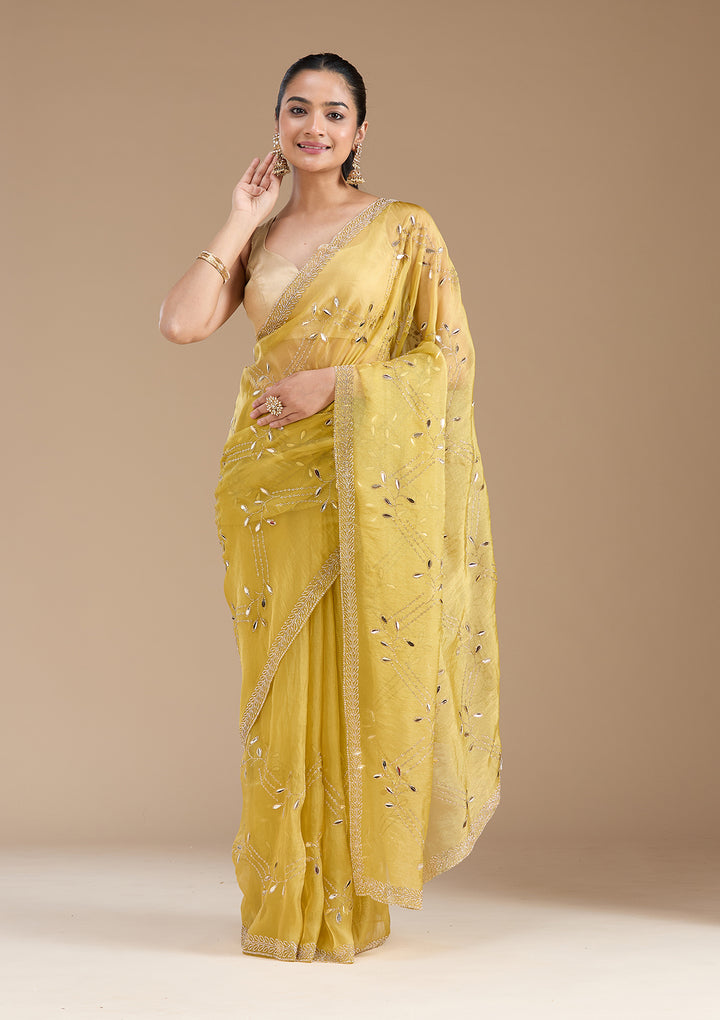 Lemon Yellow Stonework (Gold) Tissue Saree