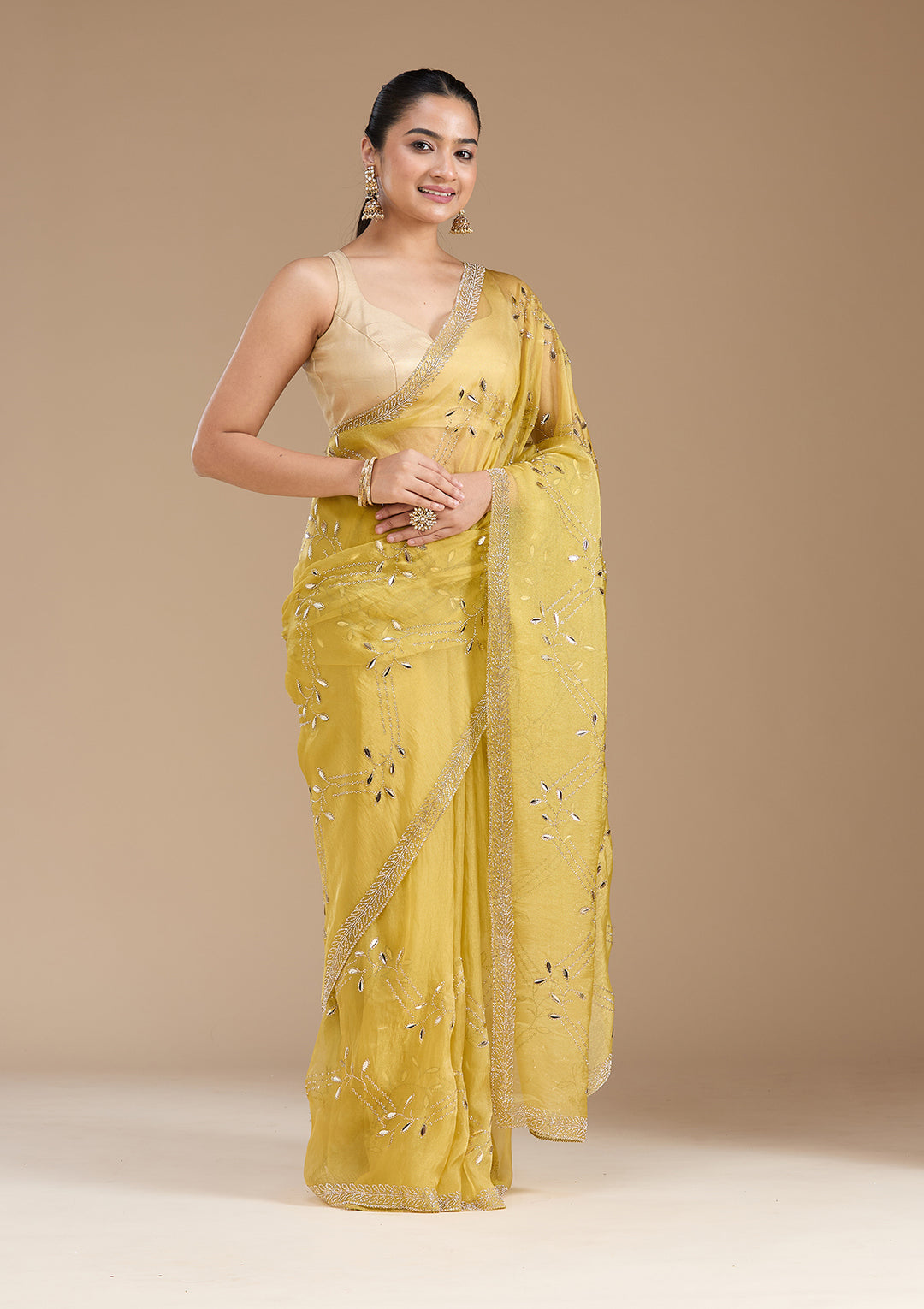 Lemon Yellow Stonework (Gold) Tissue Saree