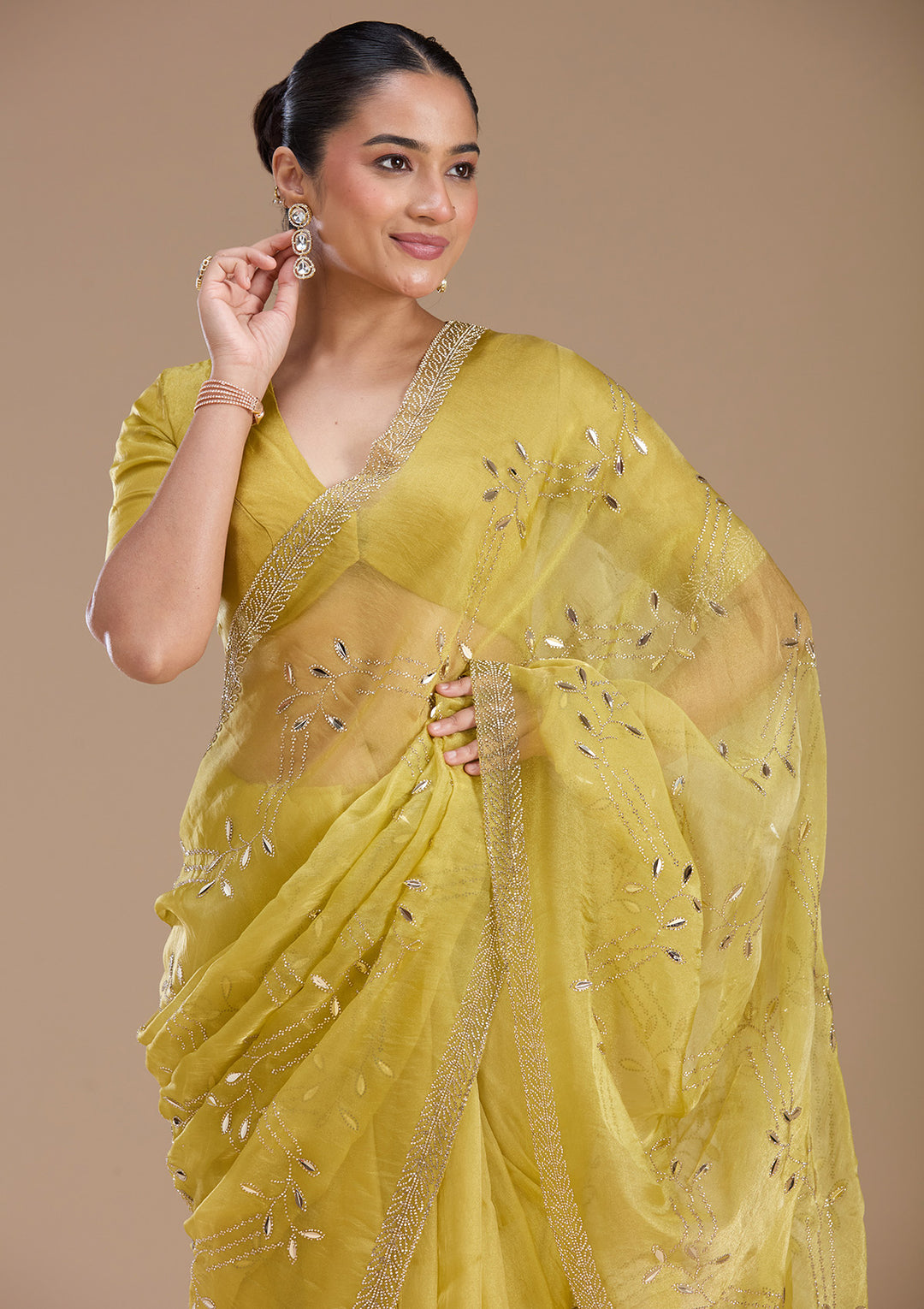 Lemon Yellow Stonework (Gold) Tissue Saree