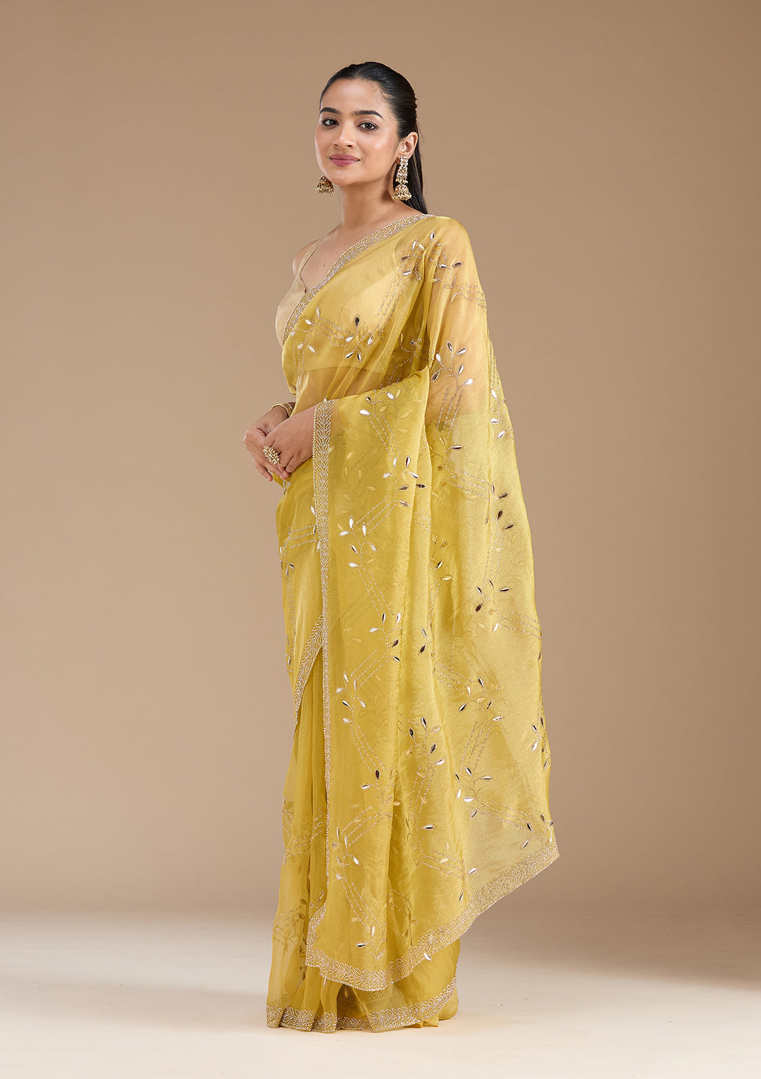 Lemon Yellow Stonework (Gold) Tissue Saree