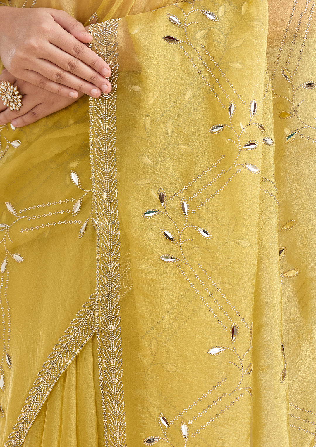 Lemon Yellow Stonework (Gold) Tissue Saree