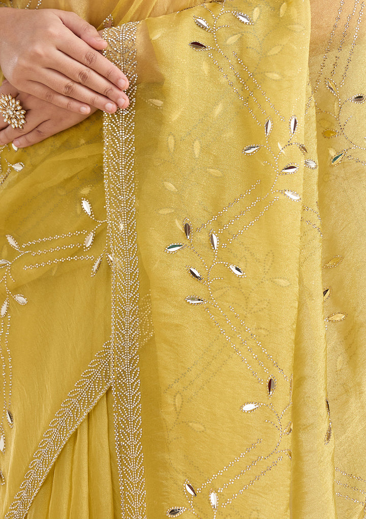 Lemon Yellow Stonework (Gold) Tissue Saree