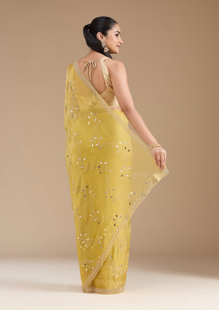 Lemon Yellow Stonework (Gold) Tissue Saree