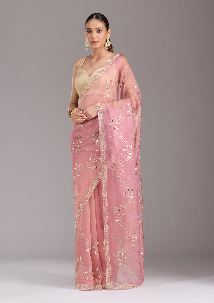 Onion Pink Tissue Gold Stonework Saree With Matching Blouse Piece
