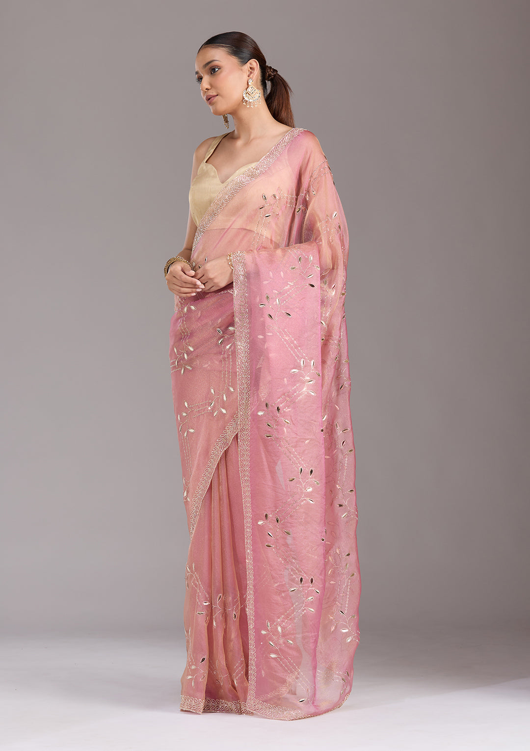 Onion Pink Tissue Gold Stonework Saree With Matching Blouse Piece