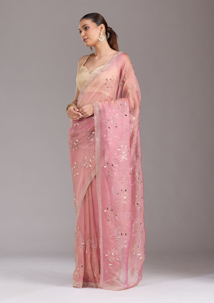 Onion Pink Tissue Gold Stonework Saree With Matching Blouse Piece