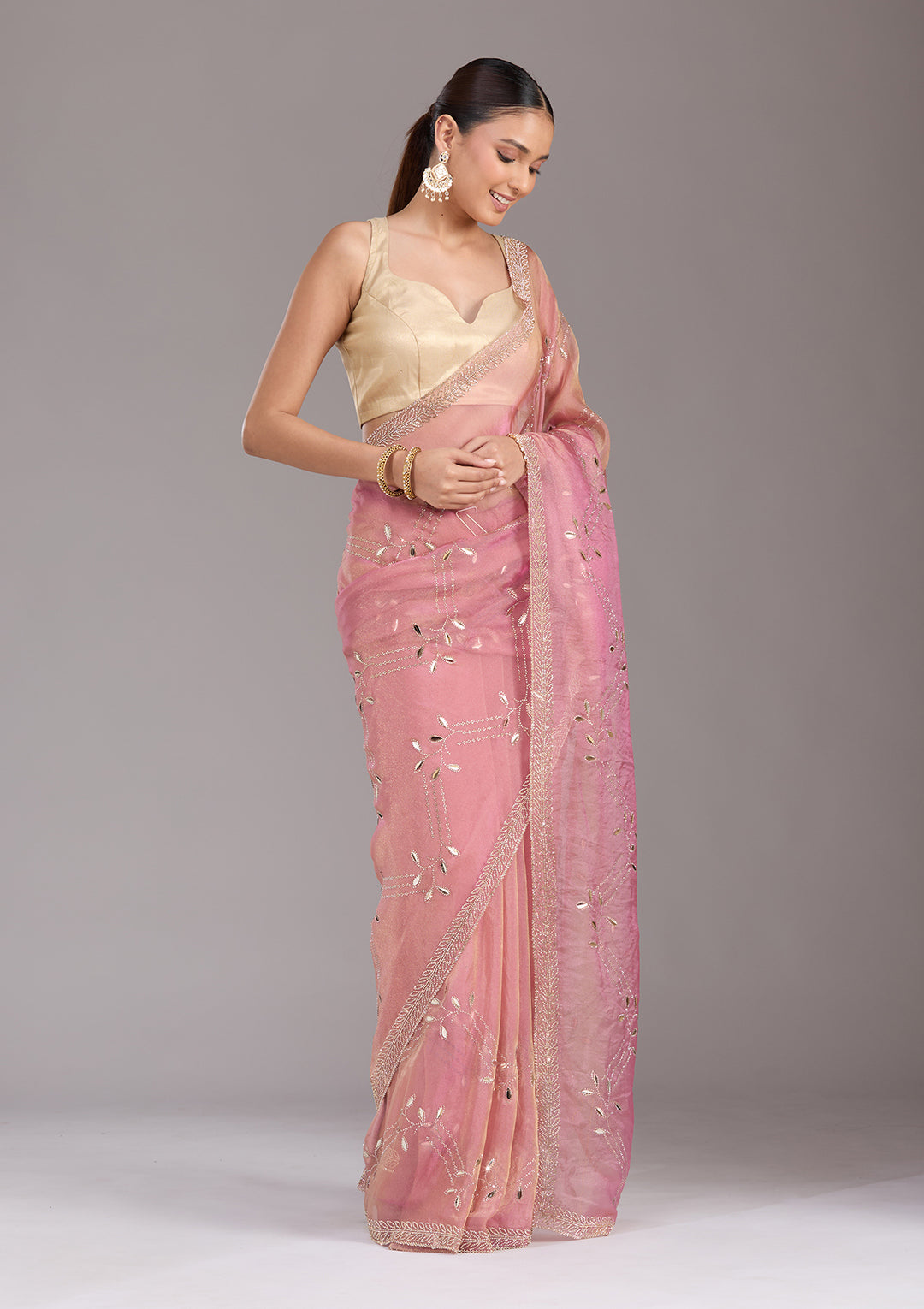 Onion Pink Tissue Gold Stonework Saree With Matching Blouse Piece