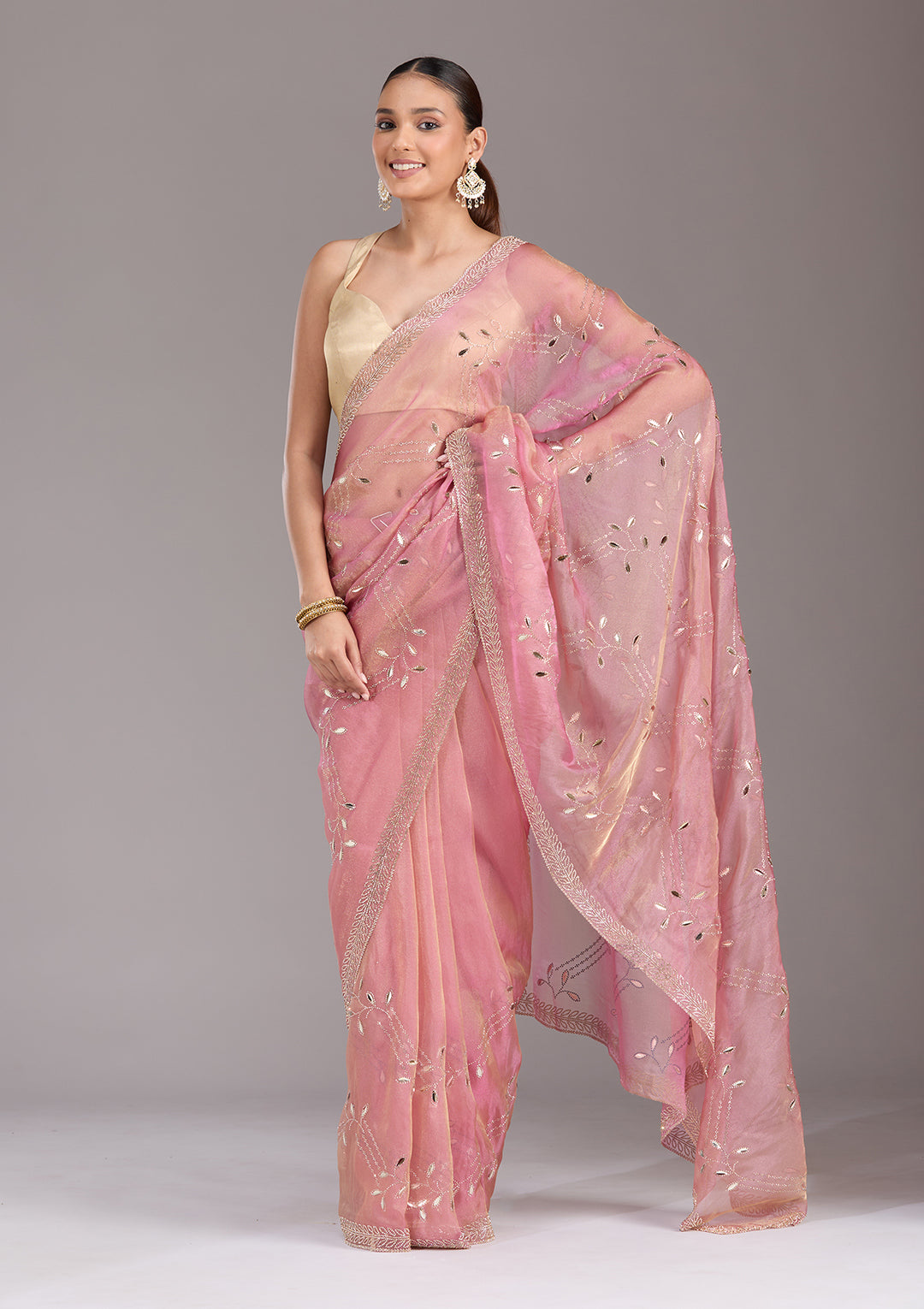 Onion Pink Tissue Gold Stonework Saree With Matching Blouse Piece