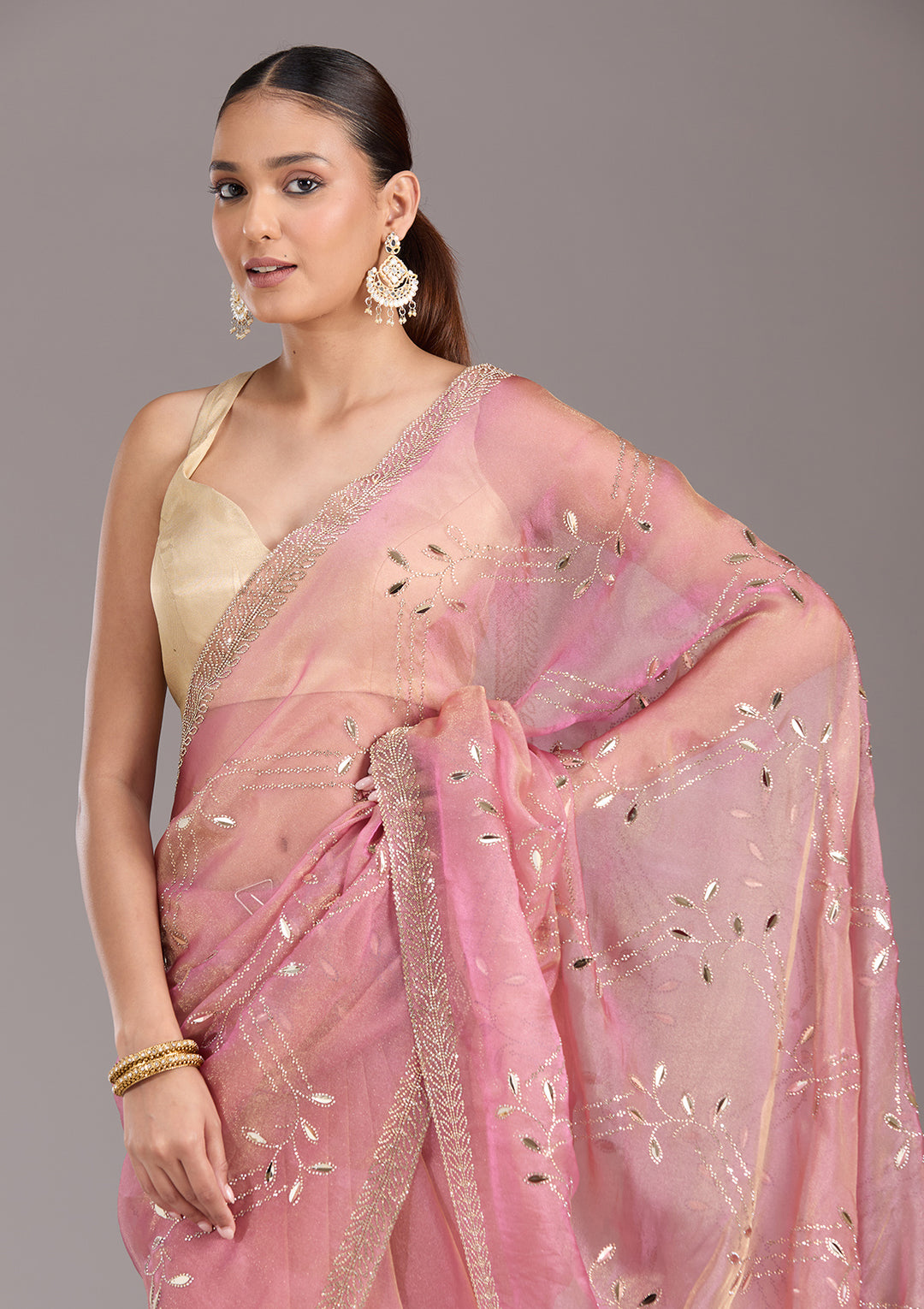 Onion Pink Tissue Gold Stonework Saree With Matching Blouse Piece