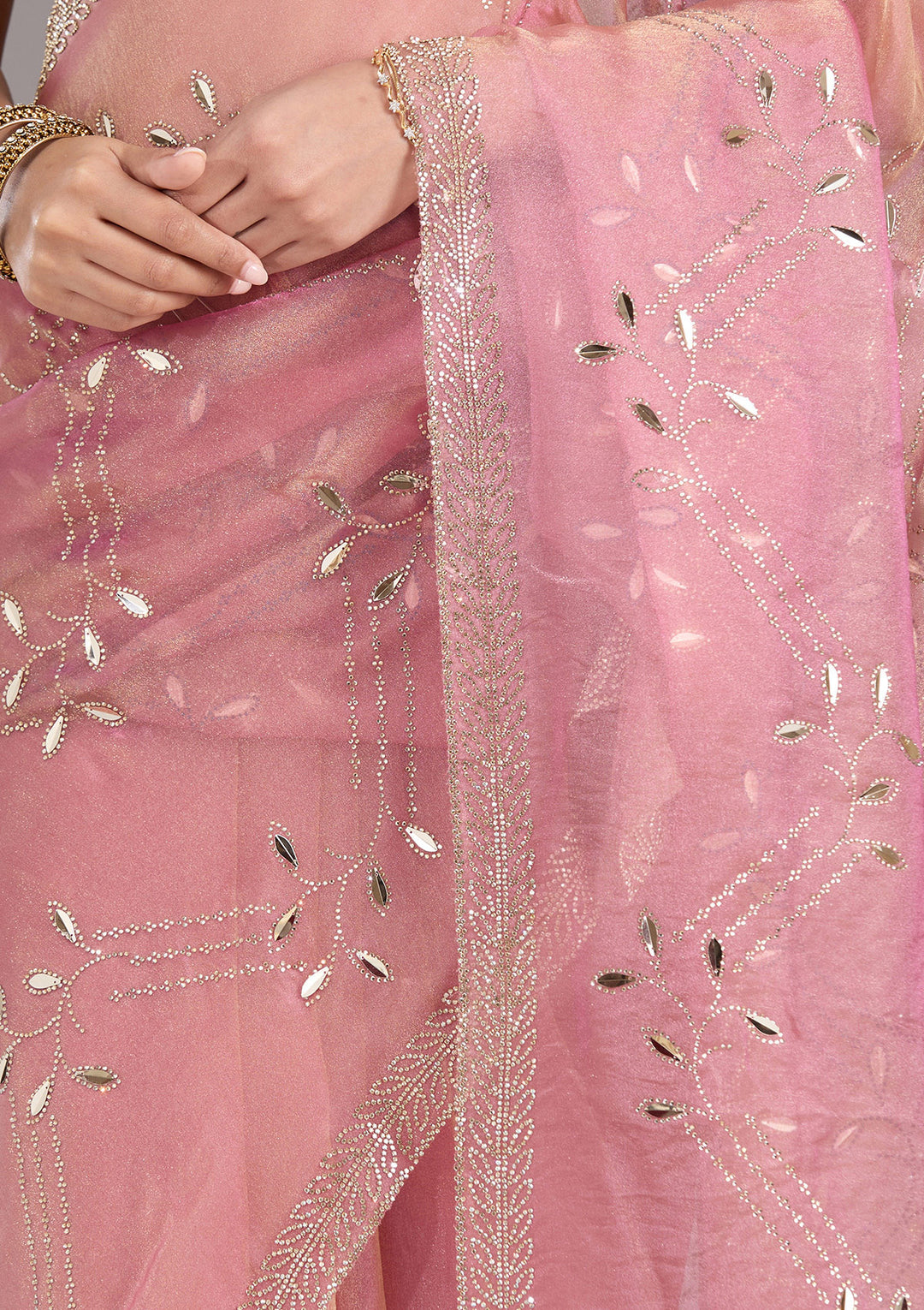 Onion Pink Tissue Gold Stonework Saree With Matching Blouse Piece