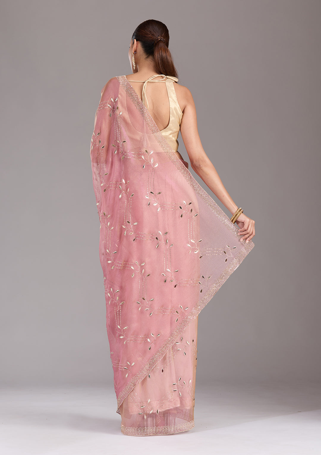 Onion Pink Tissue Gold Stonework Saree With Matching Blouse Piece
