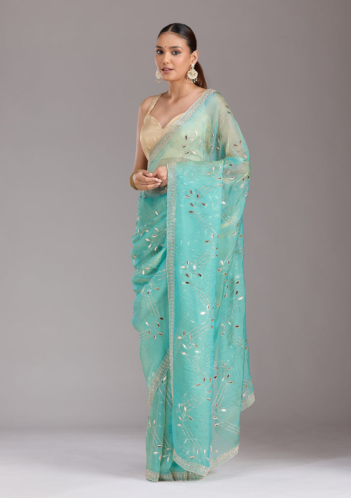 Sea Green Stonework (Gold) Tissue Saree