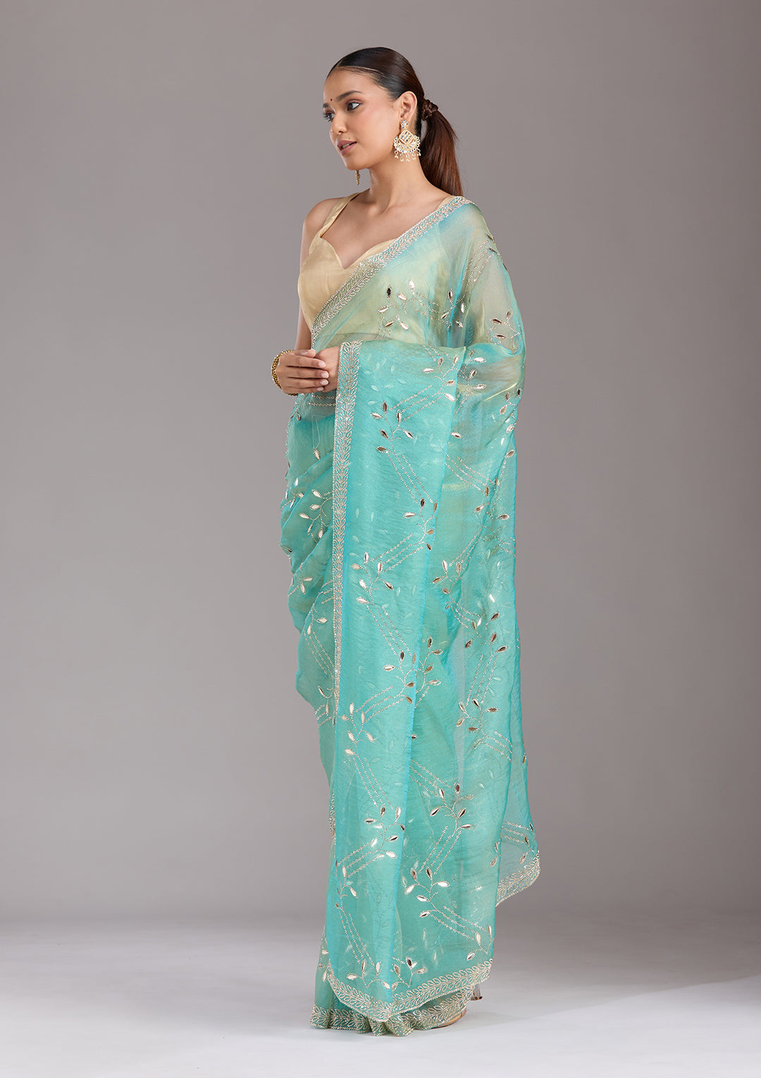 Sea Green Stonework (Gold) Tissue Saree