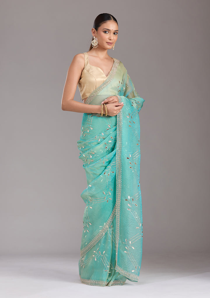 Sea Green Stonework (Gold) Tissue Saree