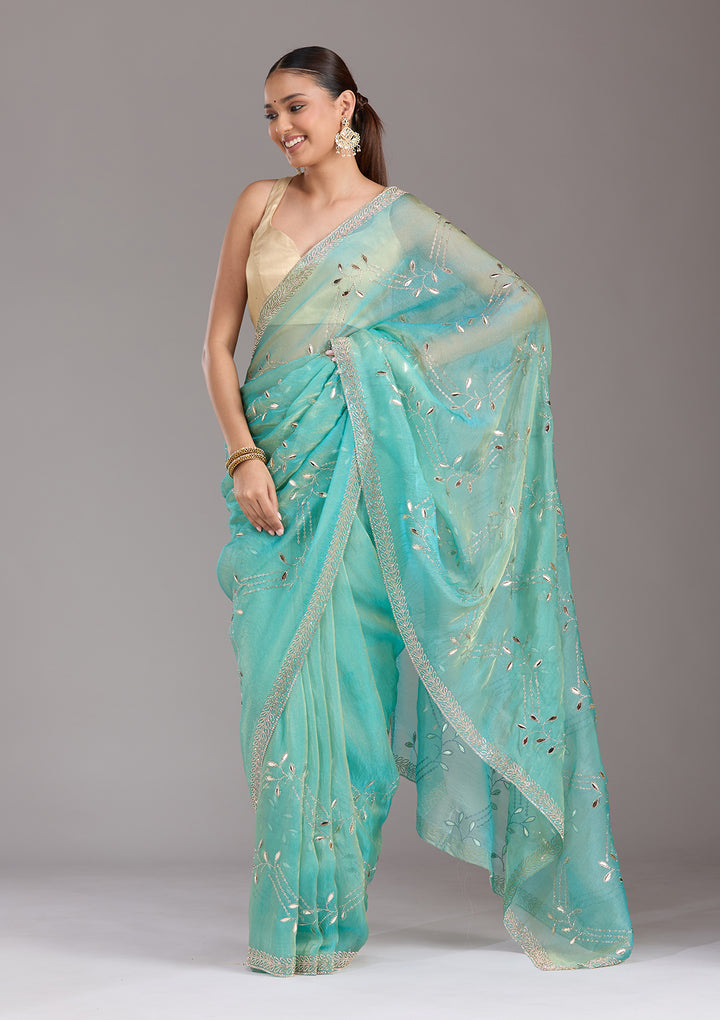 Sea Green Stonework (Gold) Tissue Saree