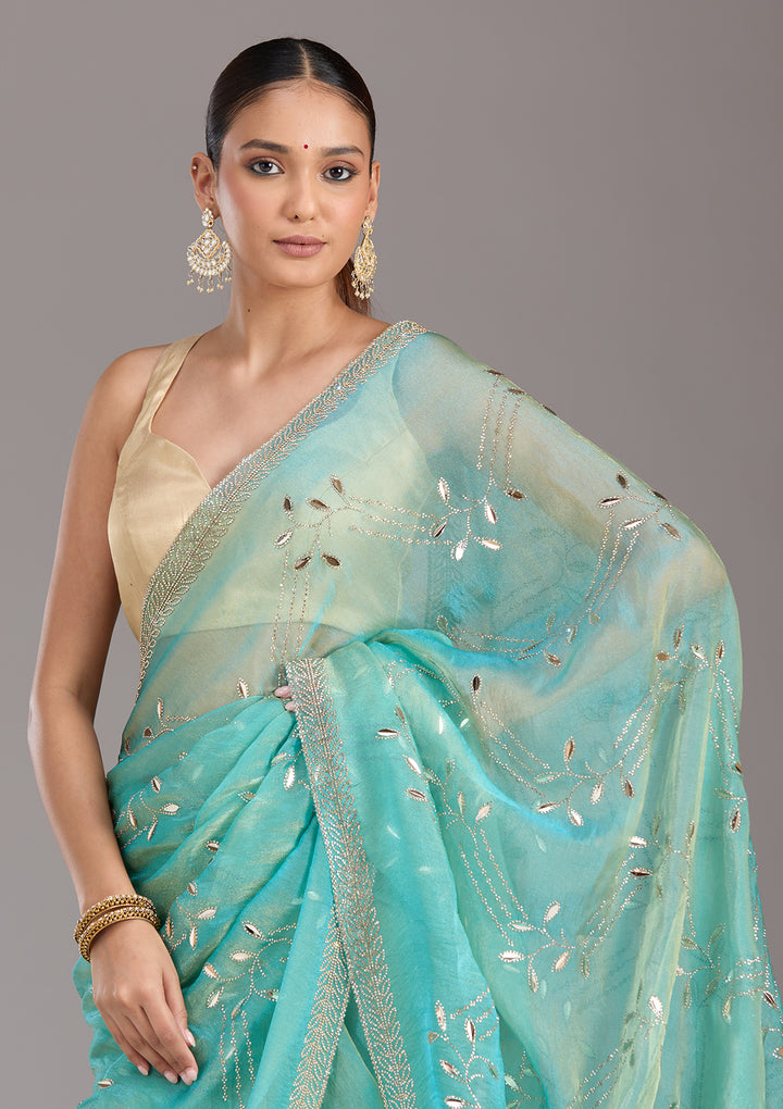 Sea Green Stonework (Gold) Tissue Saree