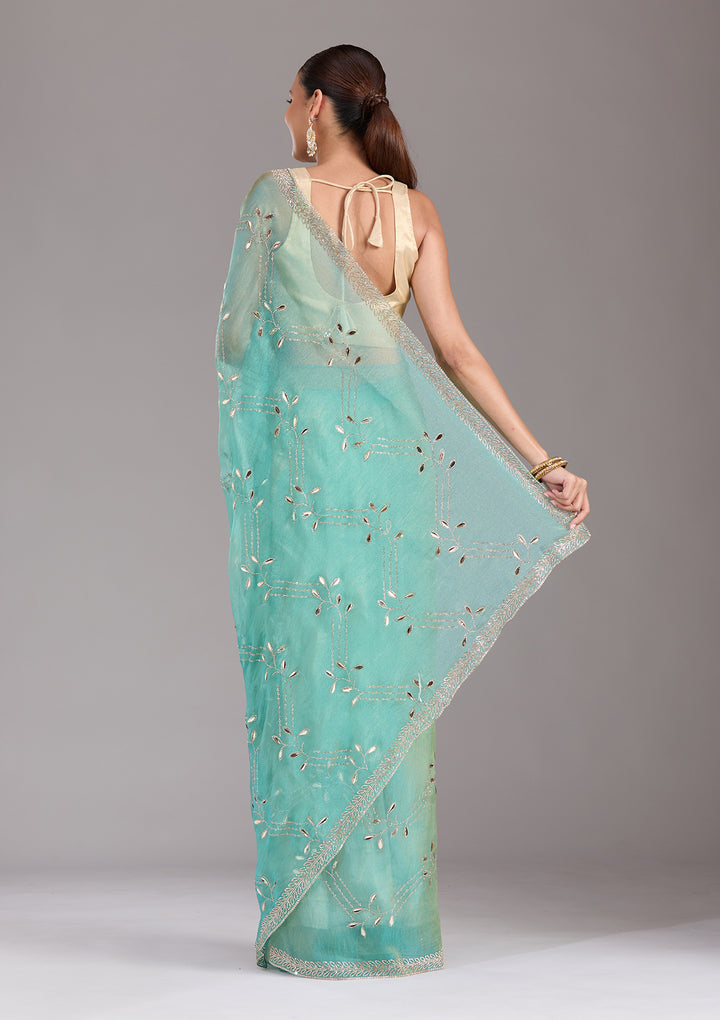Sea Green Stonework (Gold) Tissue Saree