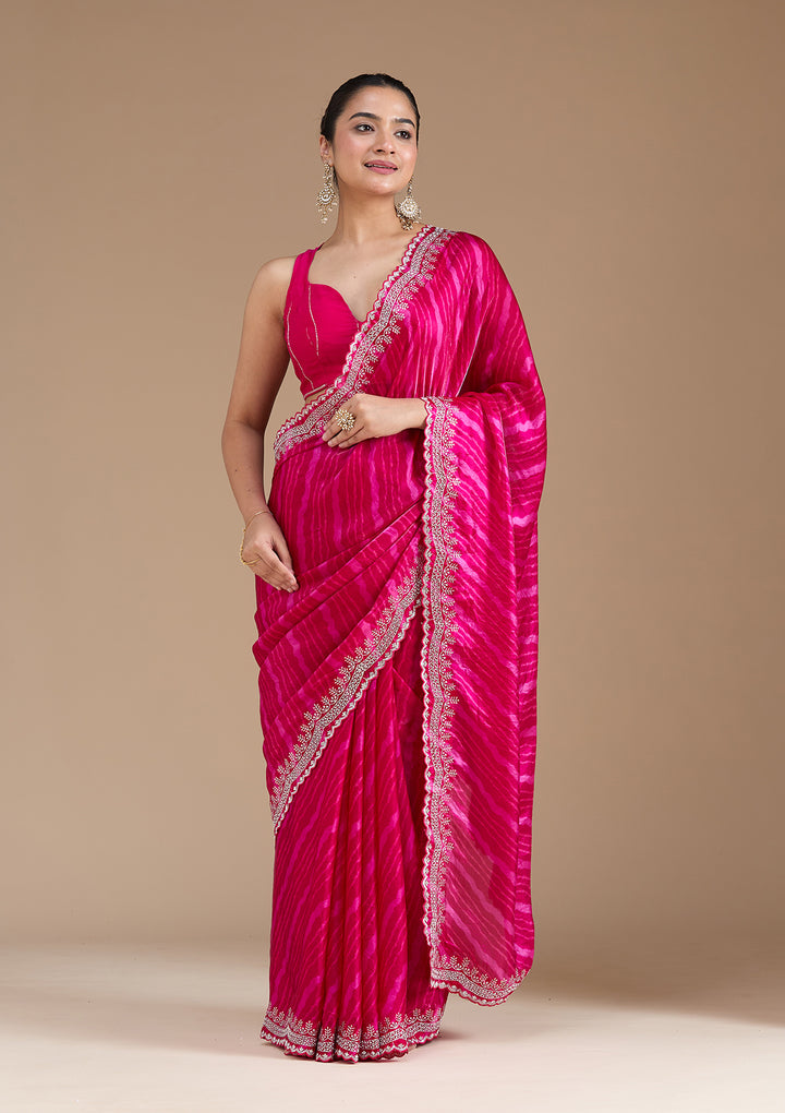 Rani Pink Organza Leheria Silver Zariwork Saree With Matching Blouse Piece