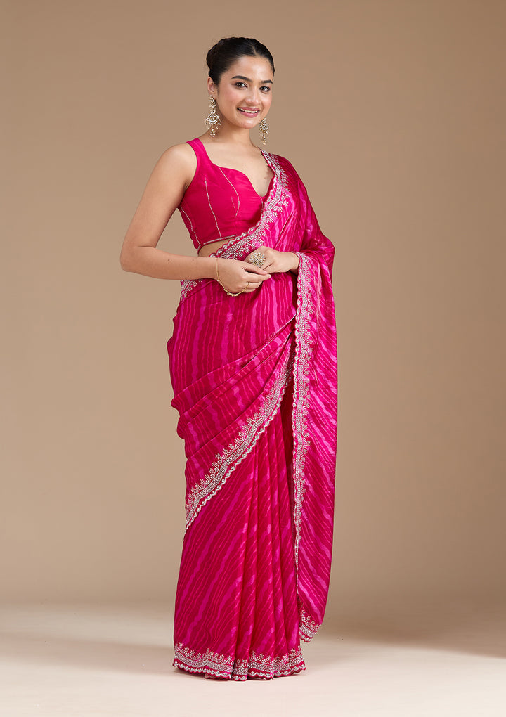 Rani Pink Organza Leheria Silver Zariwork Saree With Matching Blouse Piece