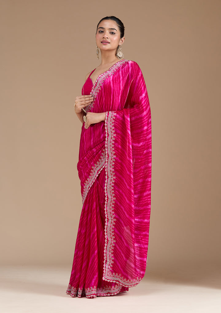 Rani Pink Organza Leheria Silver Zariwork Saree With Matching Blouse Piece