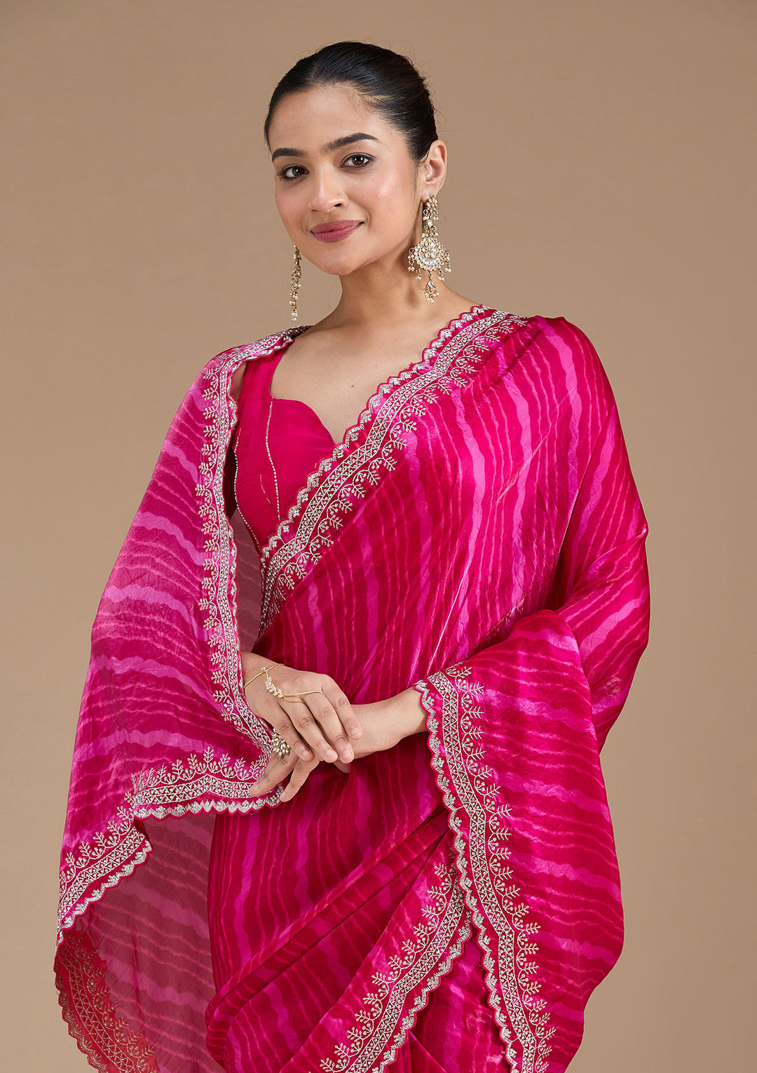 Rani Pink Organza Leheria Silver Zariwork Saree With Matching Blouse Piece