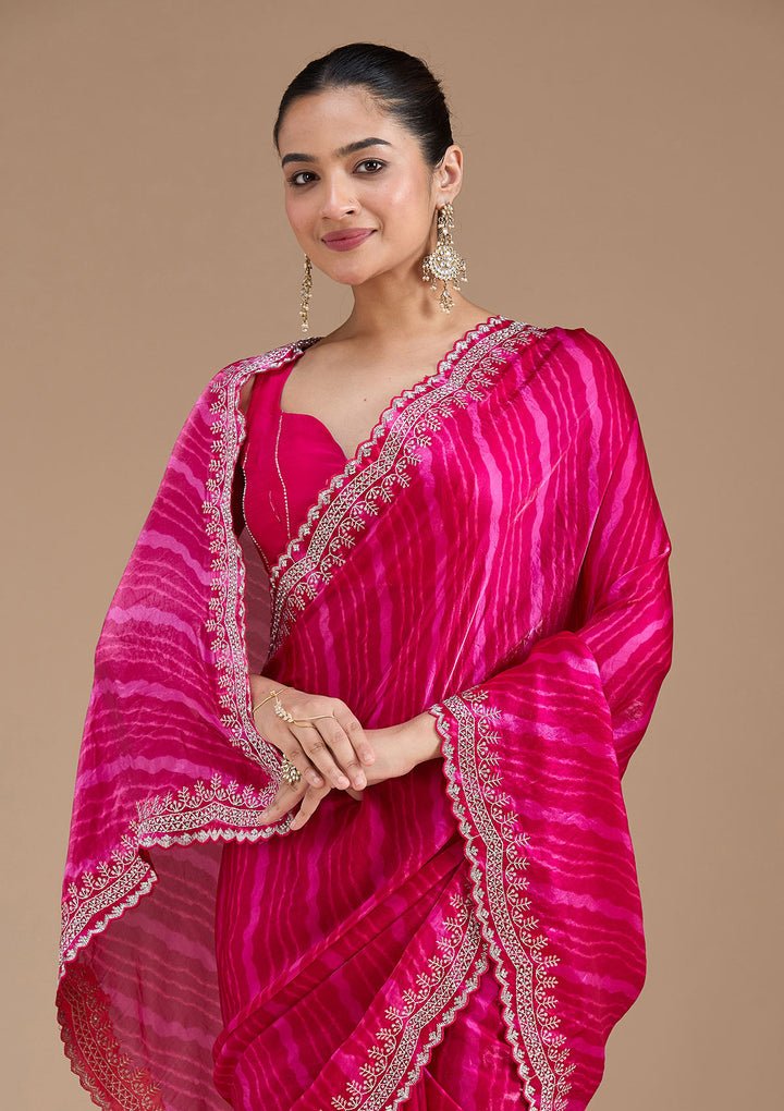 Rani Pink Organza Leheria Silver Zariwork Saree With Matching Blouse Piece