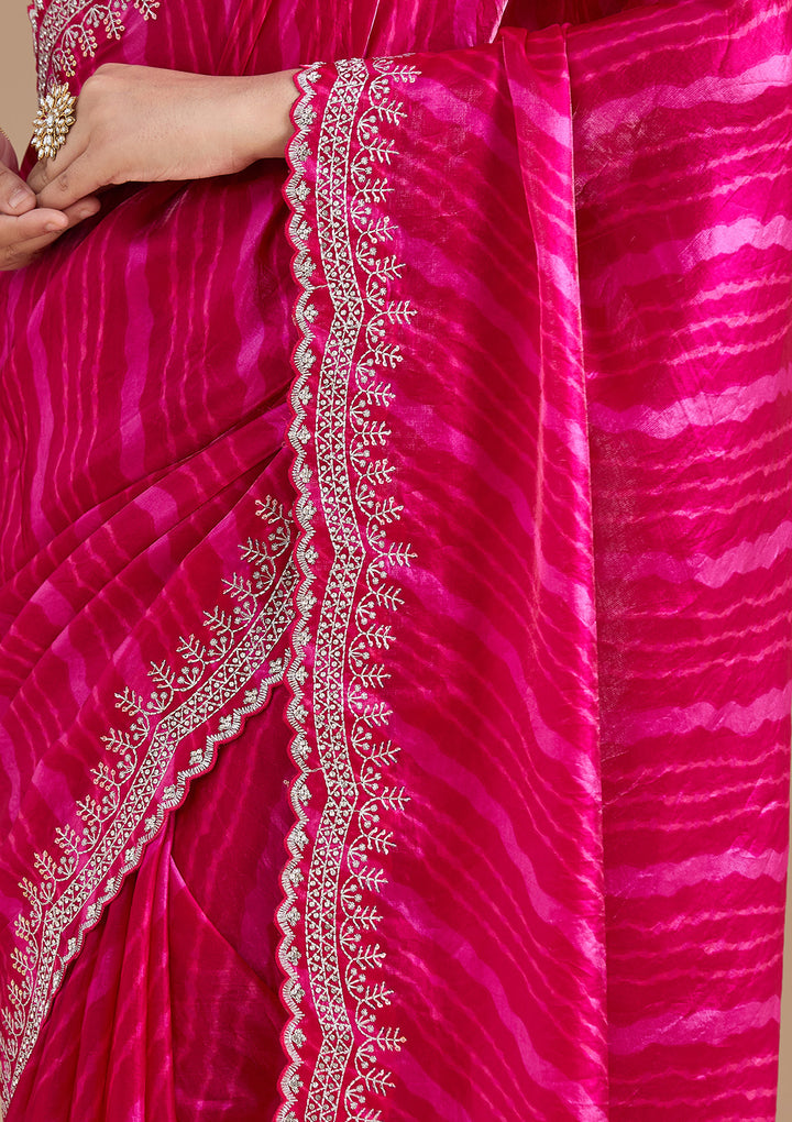 Rani Pink Organza Leheria Silver Zariwork Saree With Matching Blouse Piece