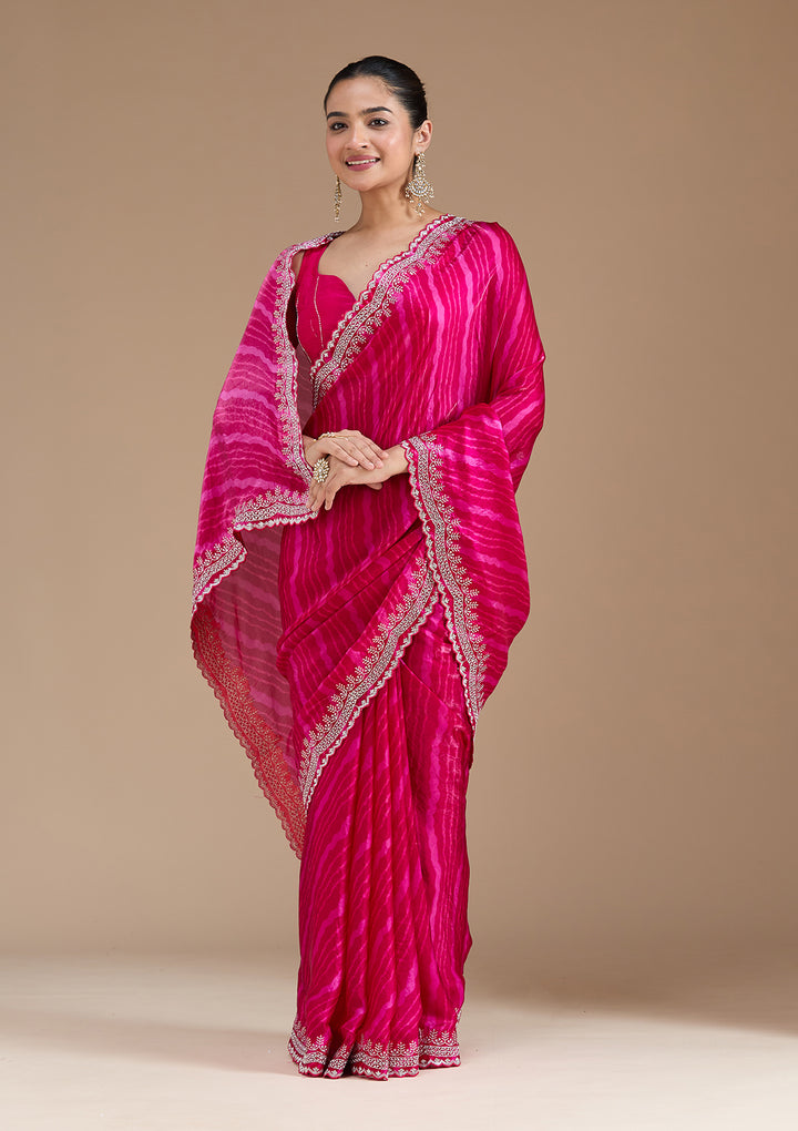 Rani Pink Organza Leheria Silver Zariwork Saree With Matching Blouse Piece