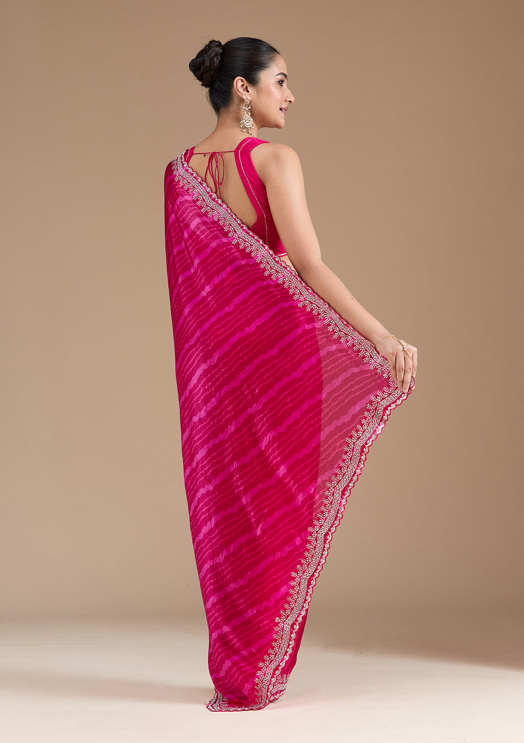 Rani Pink Organza Leheria Silver Zariwork Saree With Matching Blouse Piece